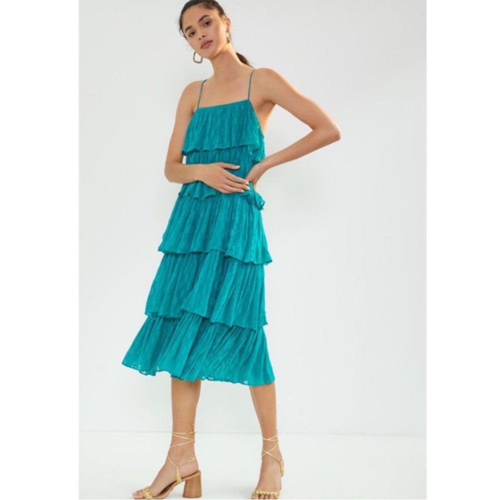 NEW Anthropologie Tiered Teal Blue Ruffled Midi
Dress Size Largeโ